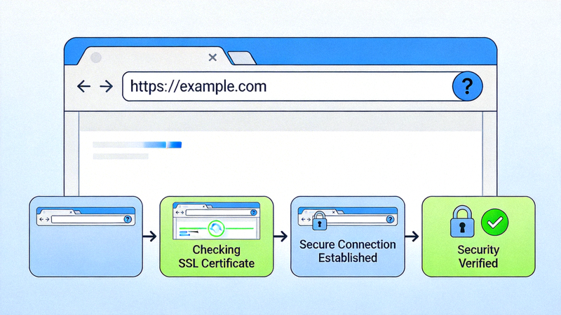 Ilustrasi proses verifikasi keamanan saat mengakses website melalui browser dengan simbol gembok dan centang hijau