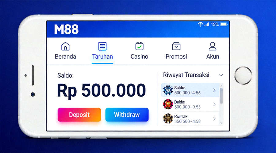 Dashboard antarmuka M88 mobile yang dioptimalkan untuk smartphone dengan menu navigasi yang jelas