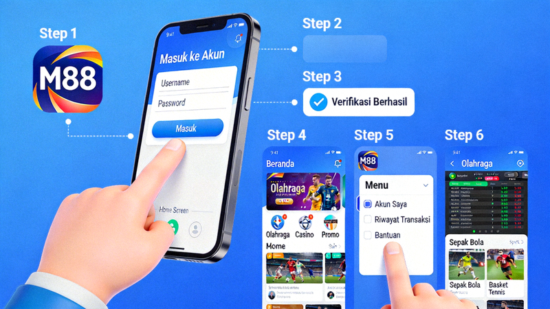 Ilustrasi langkah demi langkah proses login dan navigasi di aplikasi M88 mobile pada layar smartphone