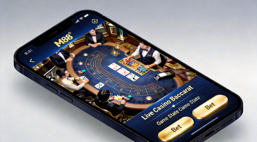 Tampilan permainan Live Casino Baccarat di platform M88 mobile yang diakses melalui layar smartphone